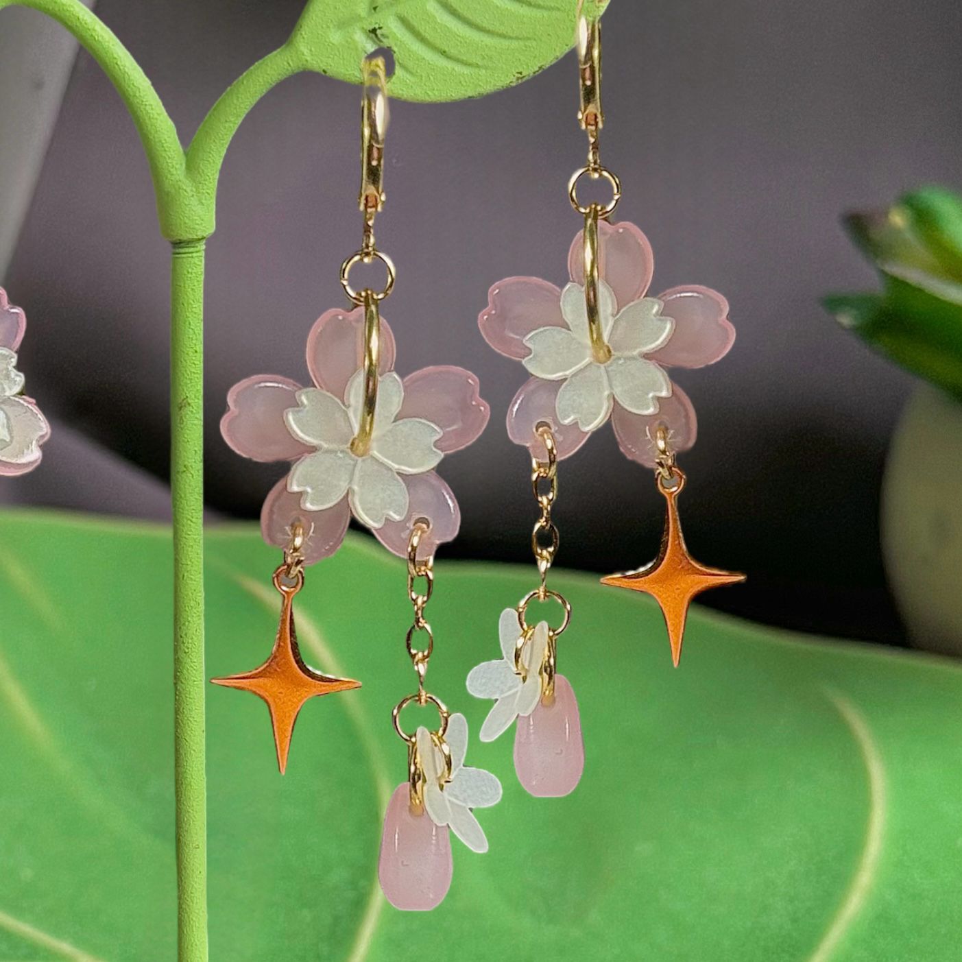 Golden Steel Symmetrical or Asymmetrical Spring Sakura Earrings