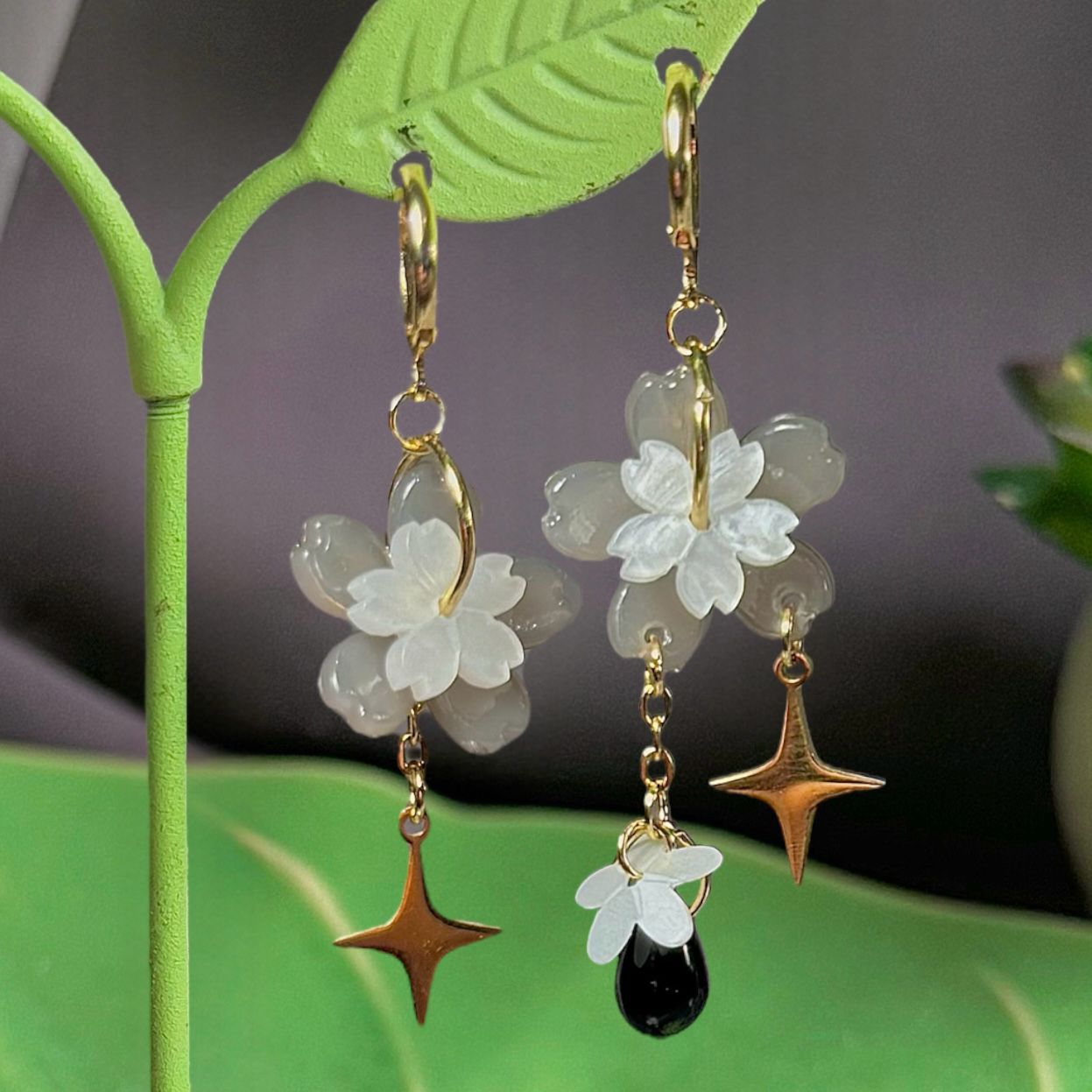Golden Steel Symmetrical or Asymmetrical Spring Sakura Earrings