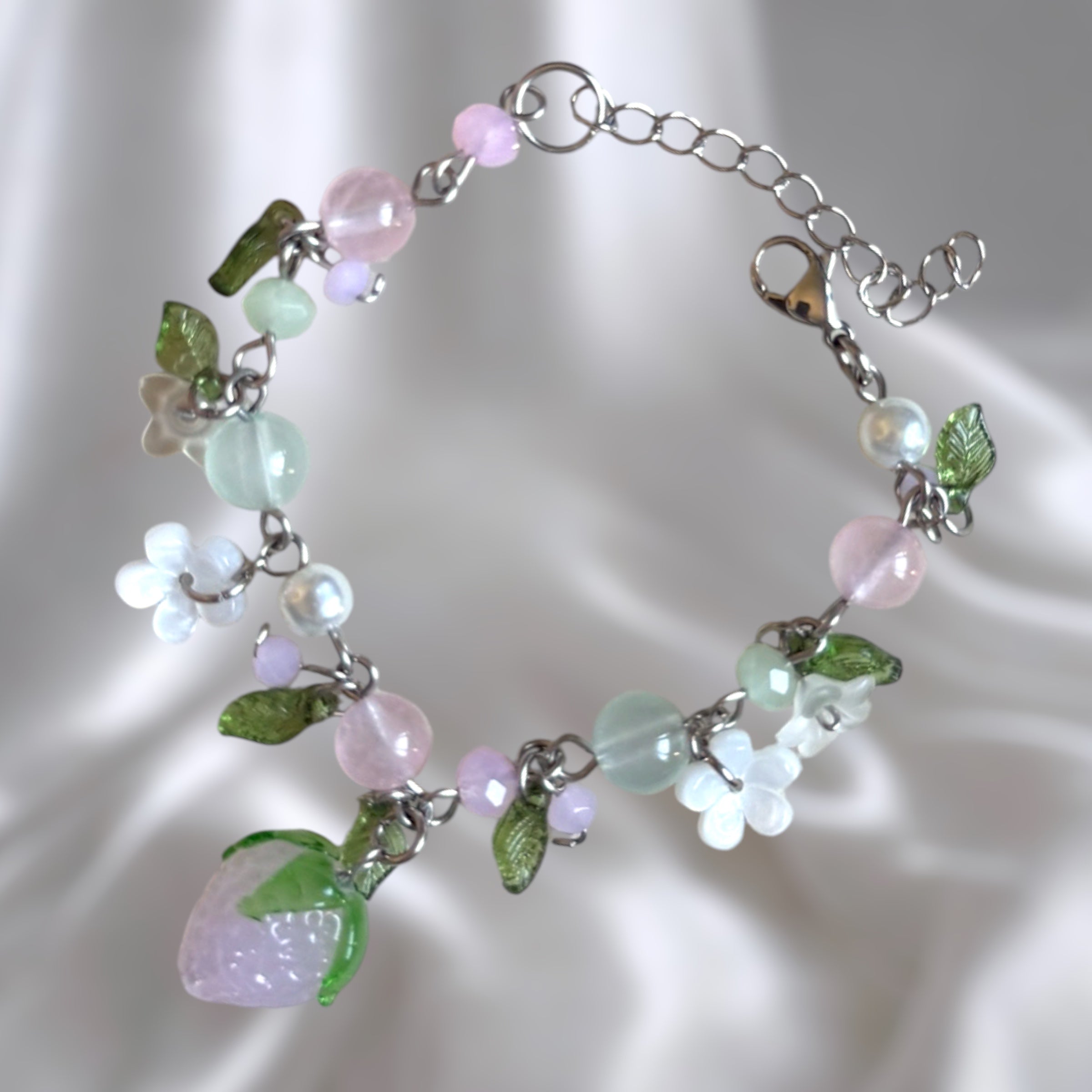 Golden or Silver Stainless Steel Pink Strawberry Bracelet