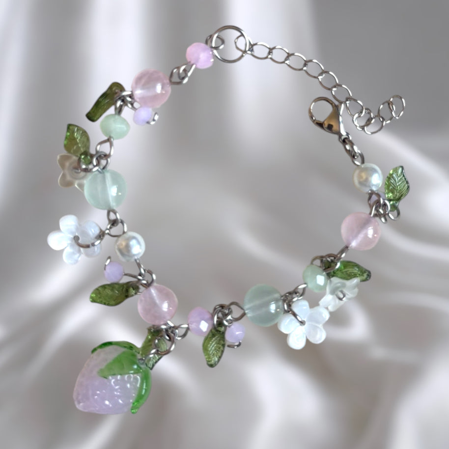 Golden or Silver Stainless Steel Pink Strawberry Bracelet