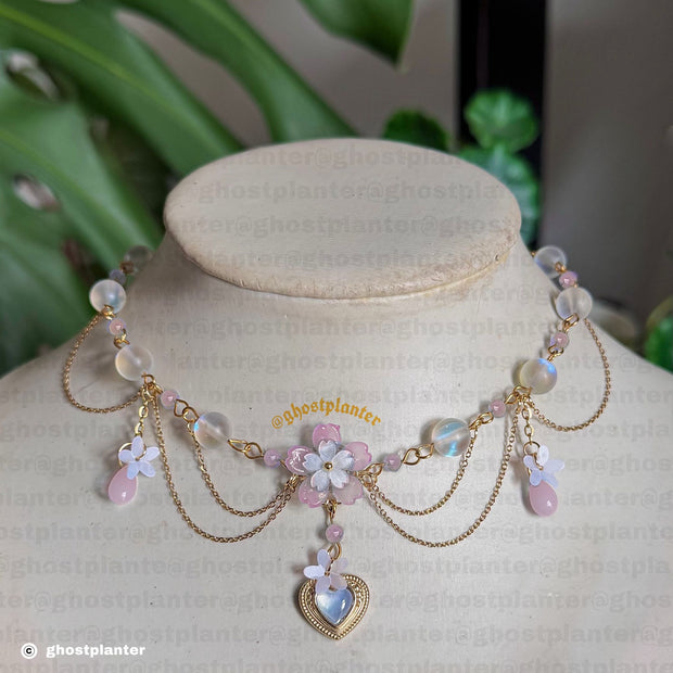 Silver or Golden Steel Symmetrical Spring Sakura Necklace