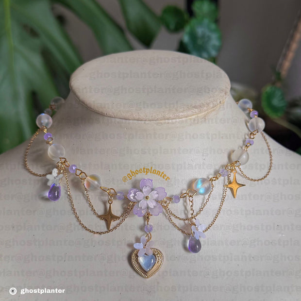 Silver or Golden Steel Asymmetrical Spring Sakura Necklace