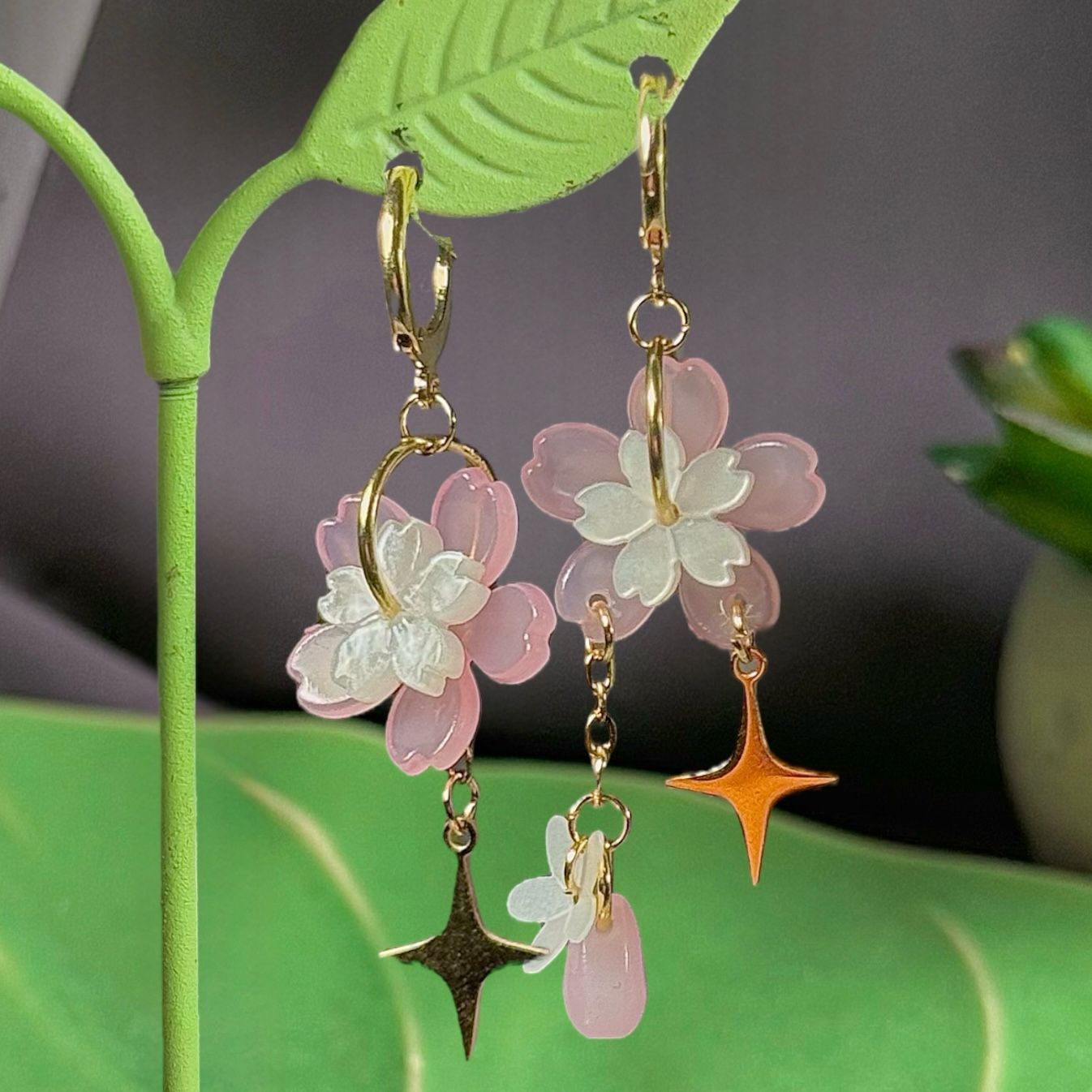 Golden Steel Symmetrical or Asymmetrical Spring Sakura Earrings