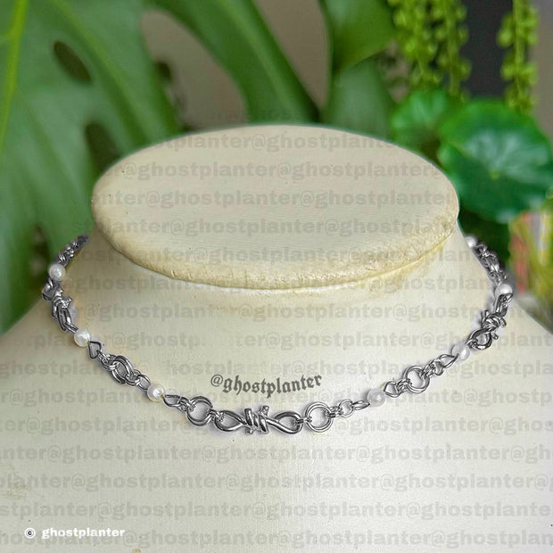 Silver or Golden Steel Barbed Pearl Necklace