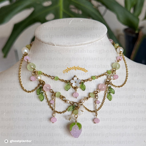 Golden or Silver Stainless Steel Pink Strawberry Necklace