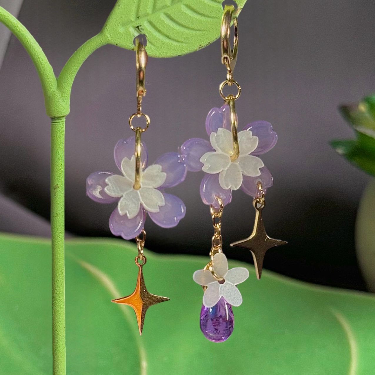 Golden Steel Symmetrical or Asymmetrical Spring Sakura Earrings