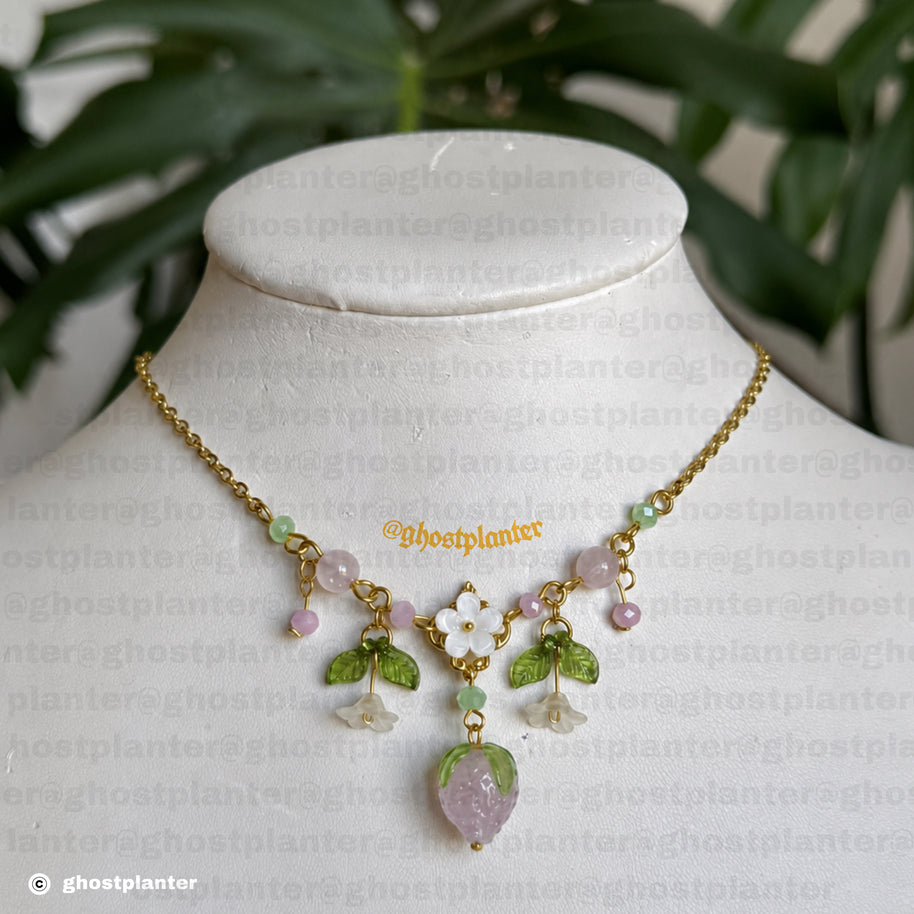 Golden or Silver Stainless Steel Pink Strawberry Blossom Necklace