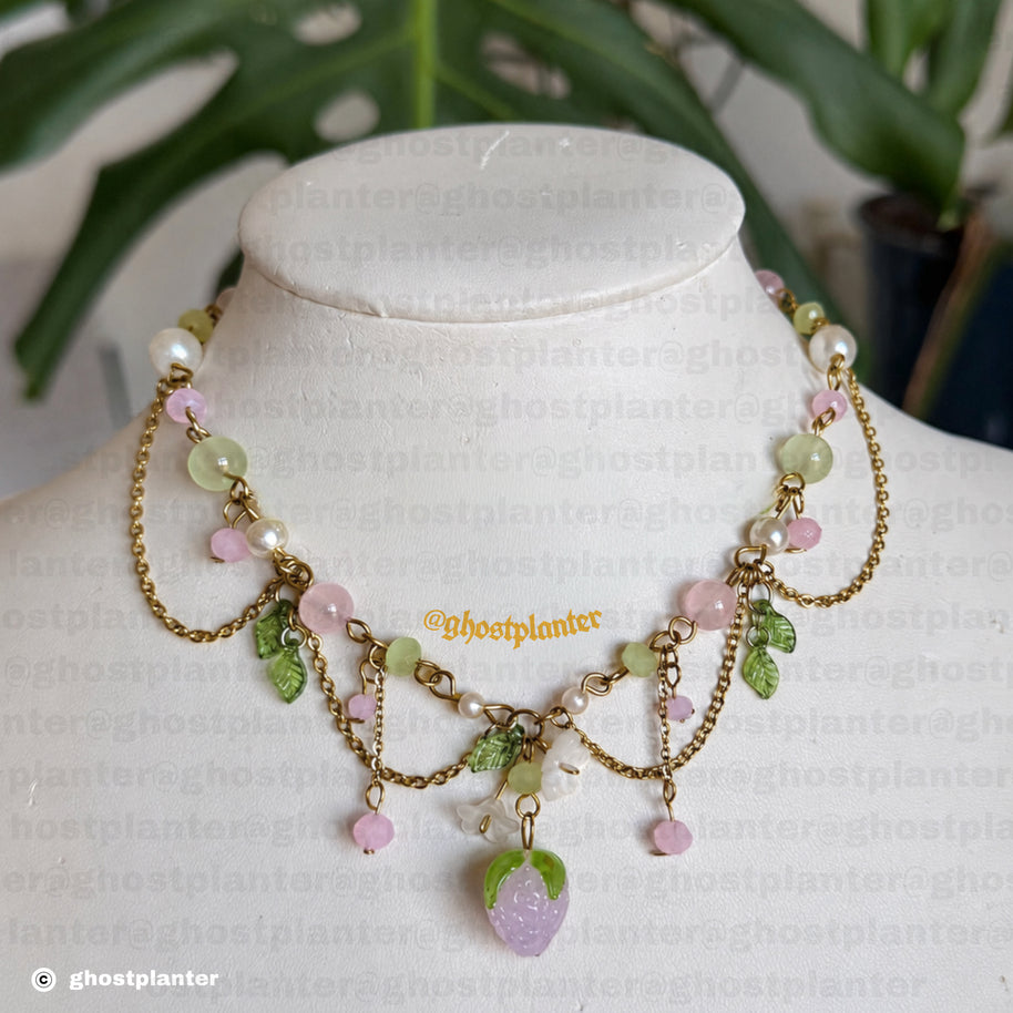 Golden or Silver Stainless Steel Pink Strawberry Necklace