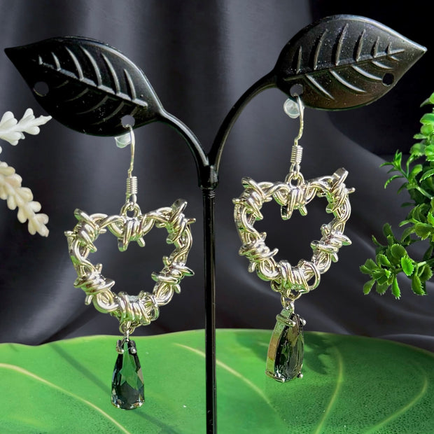 Silver Alloy Barbed Heart Long Earrings