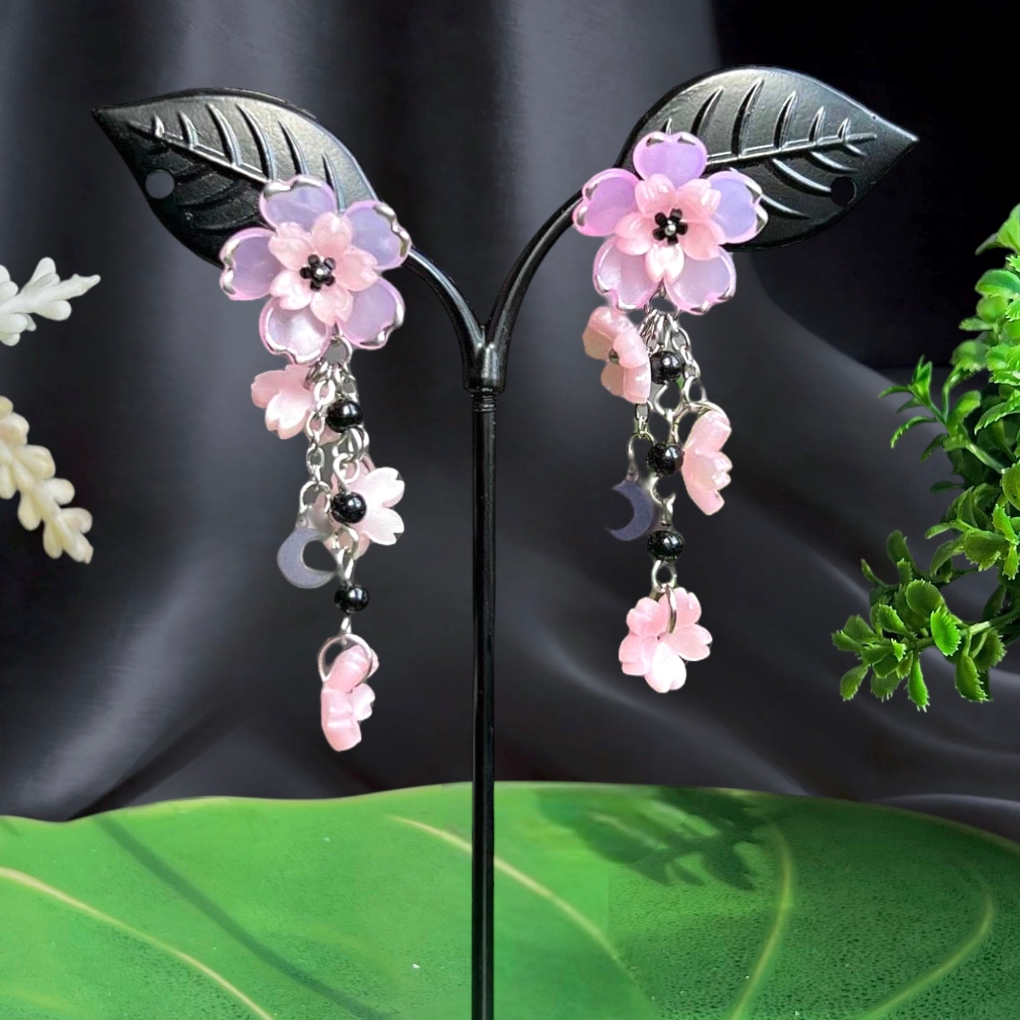 Silver Steel Dark Sakura Earrings