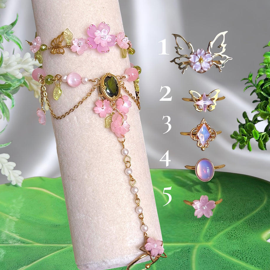 Golden or Silver Stainless Steel Sakura Handchain, Wristcuff and Rings