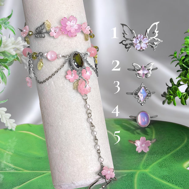Golden or Silver Stainless Steel Sakura Handchain, Wristcuff and Rings