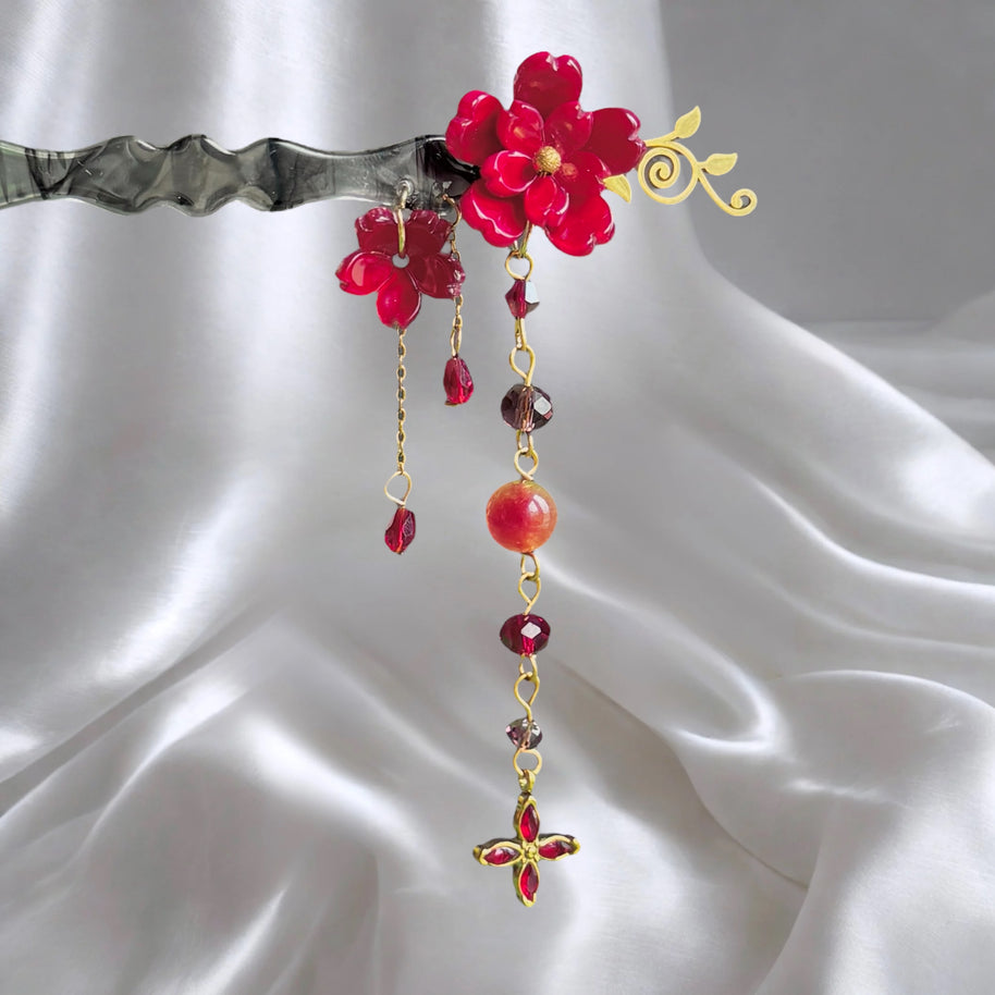 Golden Stainless Steel Crimson Blossom Hair Needle